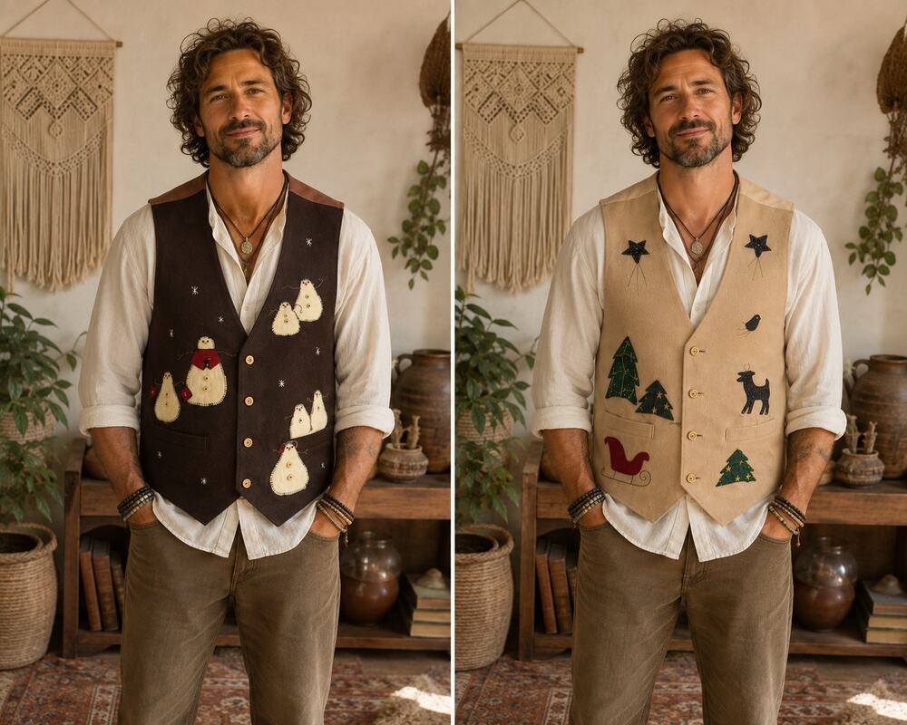 Mens Reversible Cream Brown Vest Holidays Vest Snowman Deer Tree
